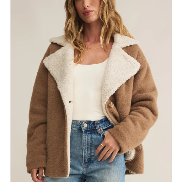 Z Supply Tucker Bombe Brown and Cream Sherpa Fleece Two Tone Jacket XS - Picture 1 of 6